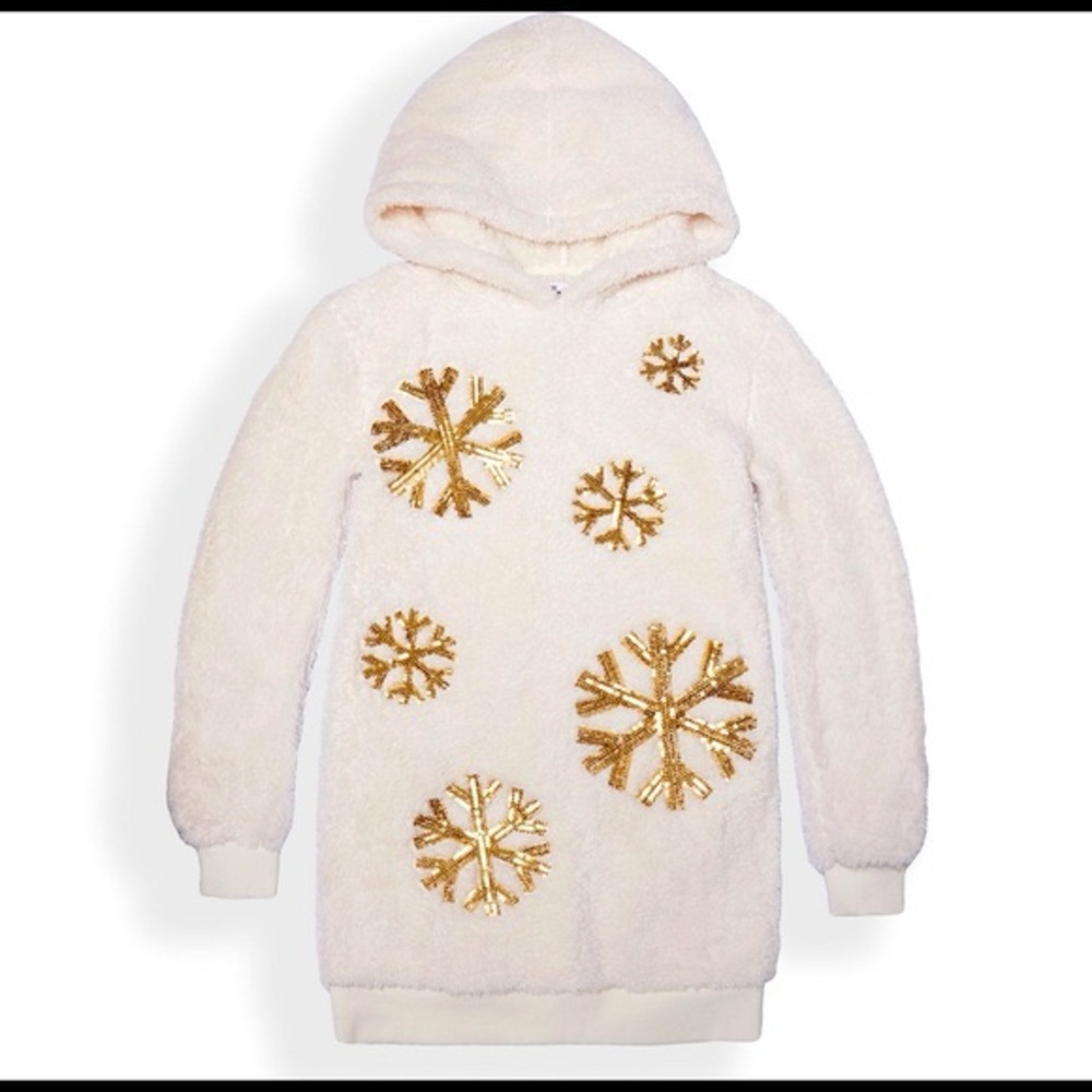 Epic threads Cream hooded kid’s dress with Gold snowflake sequin Accents